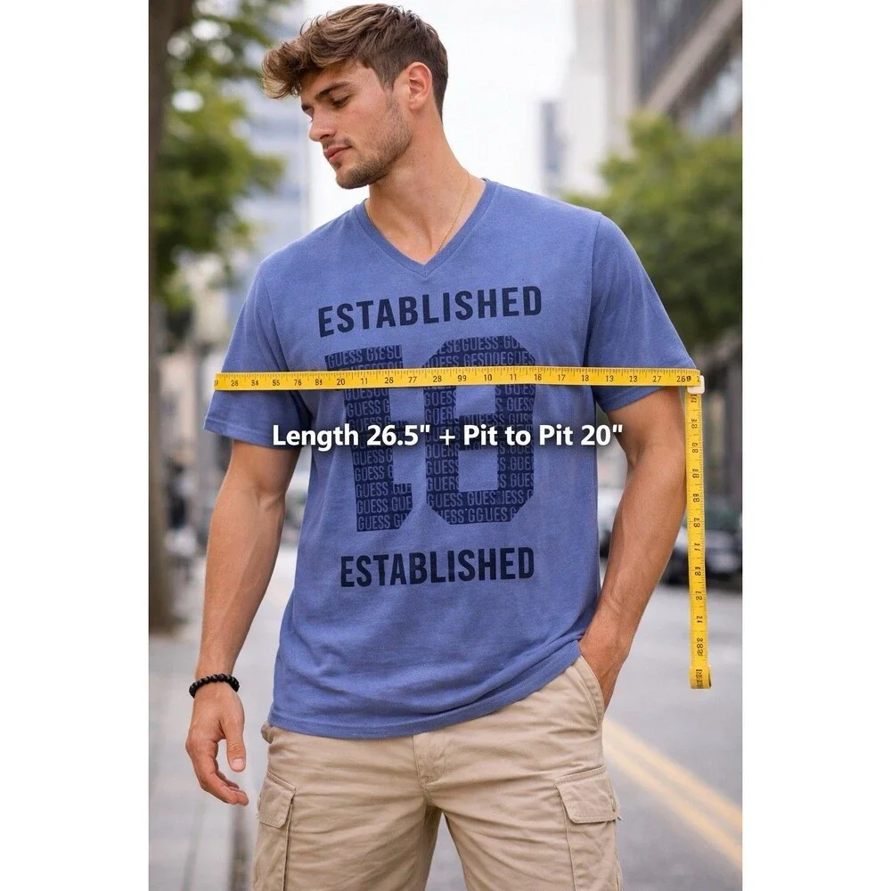 Guess Mens Blue V Neck T Shirt Established 18 Graphic Short Sleeve Size L 100% C - Picture 5 of 5